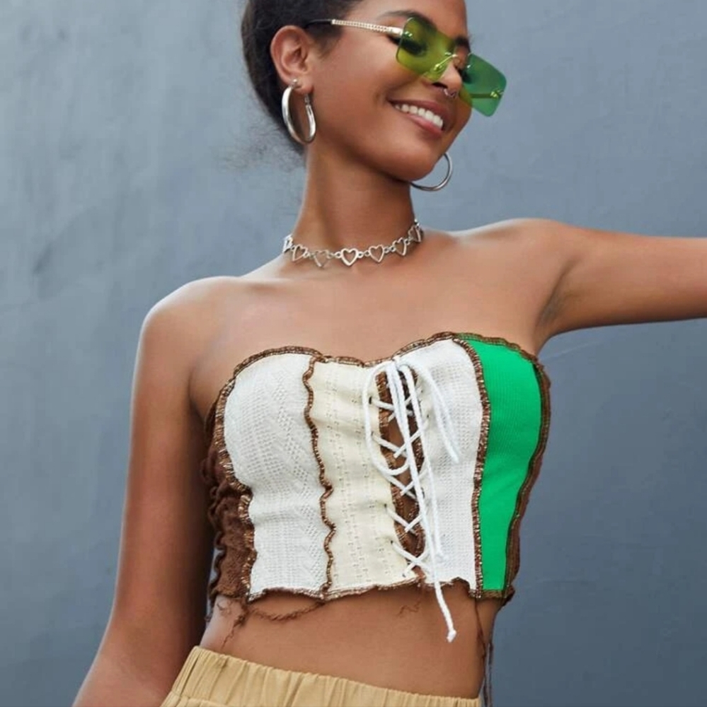 Color Block Top-Stitching Lace Up Front Crop Tube Top NWT - Picture 3 of 6